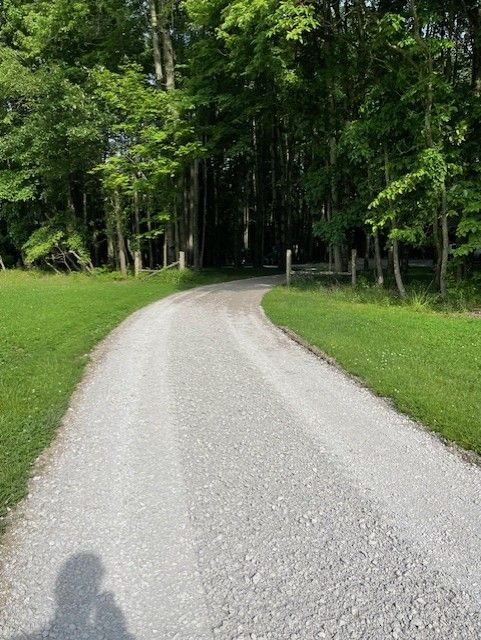Gravel path curving into a shaded forest, with green grass and trees on both sides.