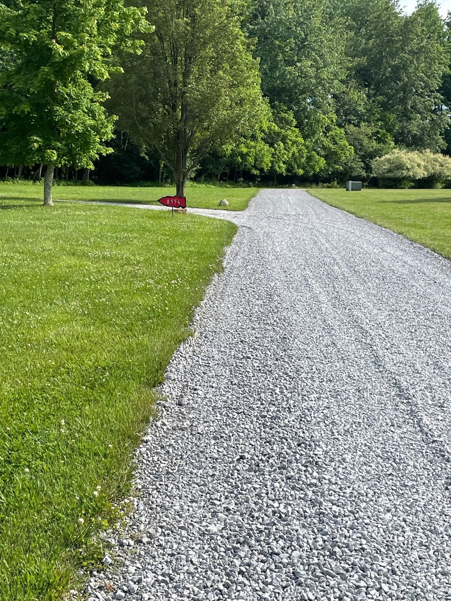 Gravel path through a green park with trees and grass, and a red bench near the path