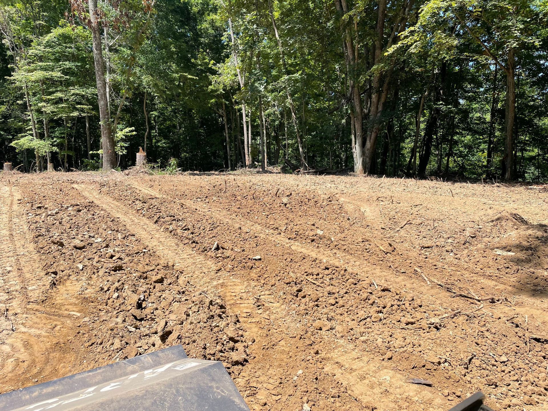 Freshly graded dirt lot beside a wooded area with tree line in the background