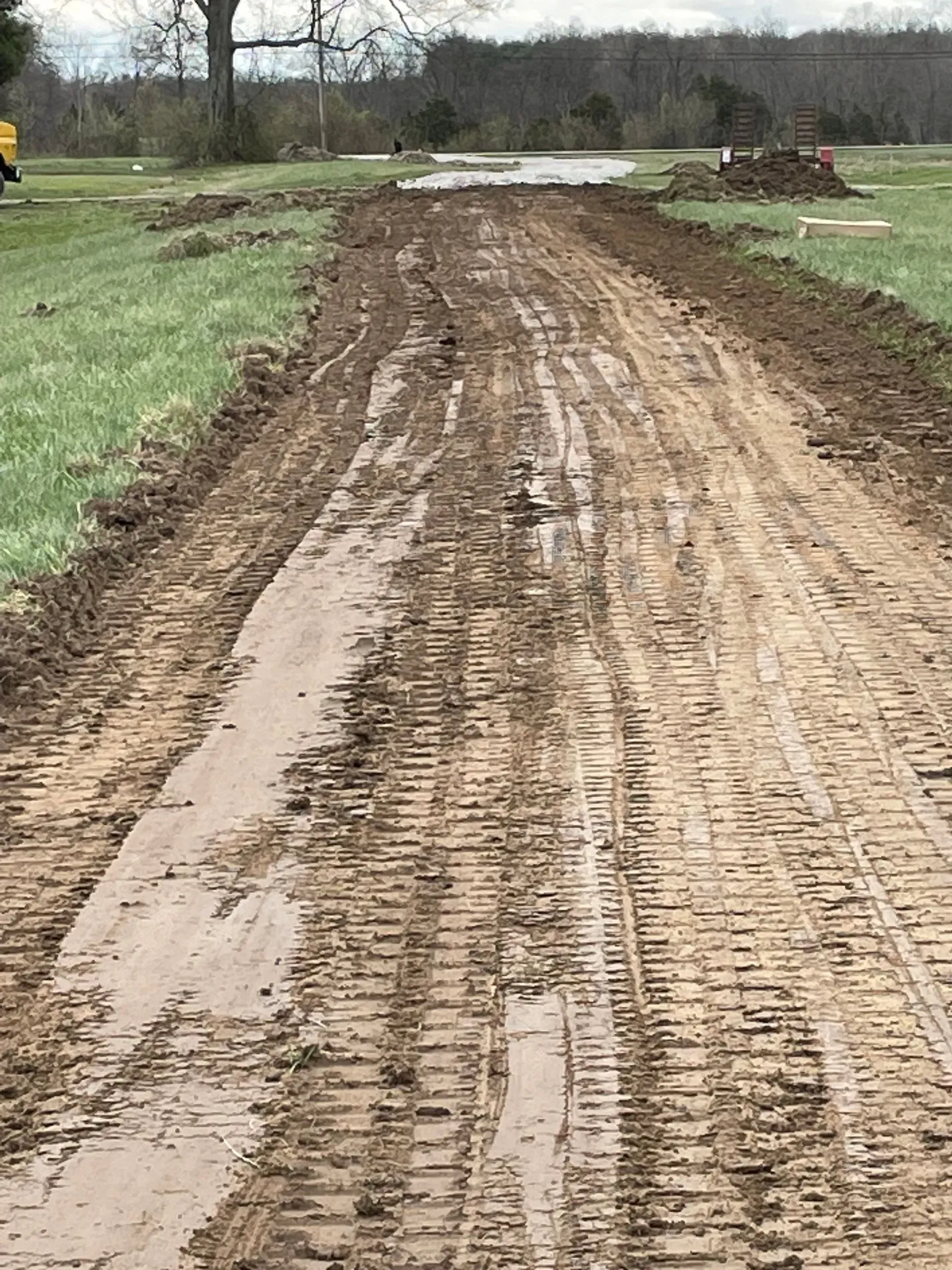 Mud-covered dirt road with tire tracks through a grassy, rural field under an overcast sky