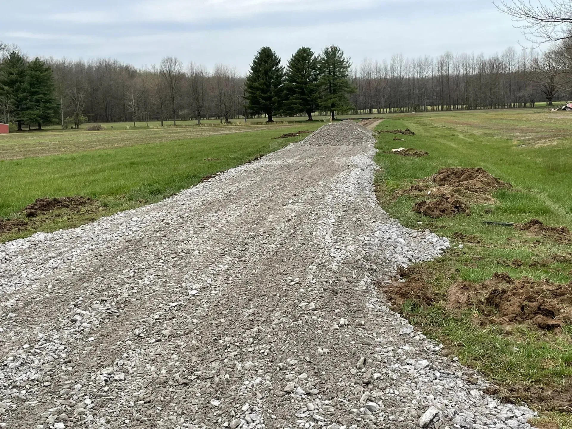 Gravel driveway under construction through a grassy field with trees in the distance