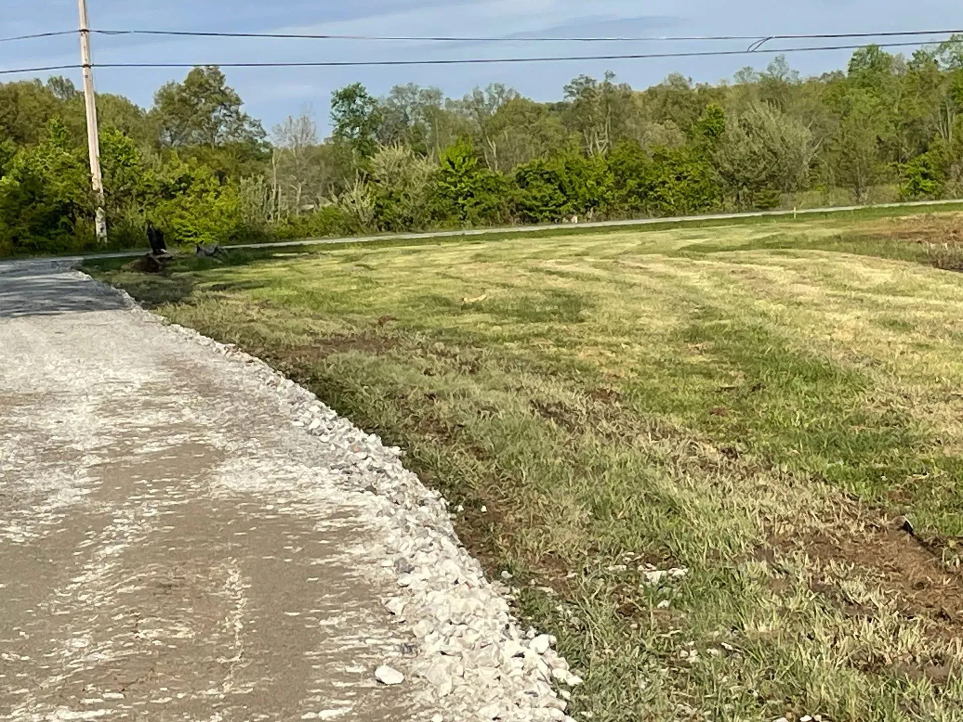 Gravel driveway beside a grassy field and trees under a clear sky