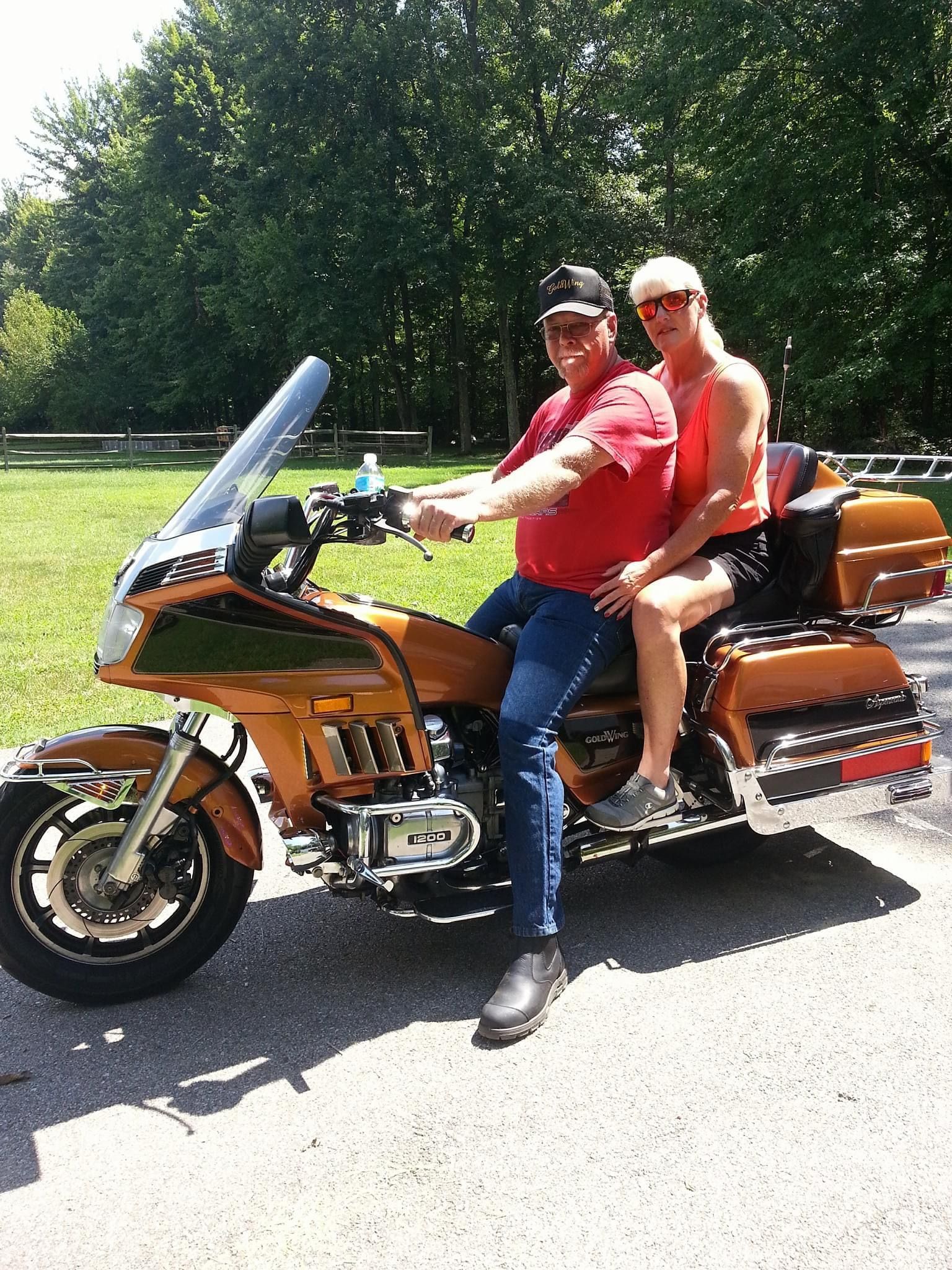Two people riding a gold touring motorcycle on a sunny road, with trees in the background