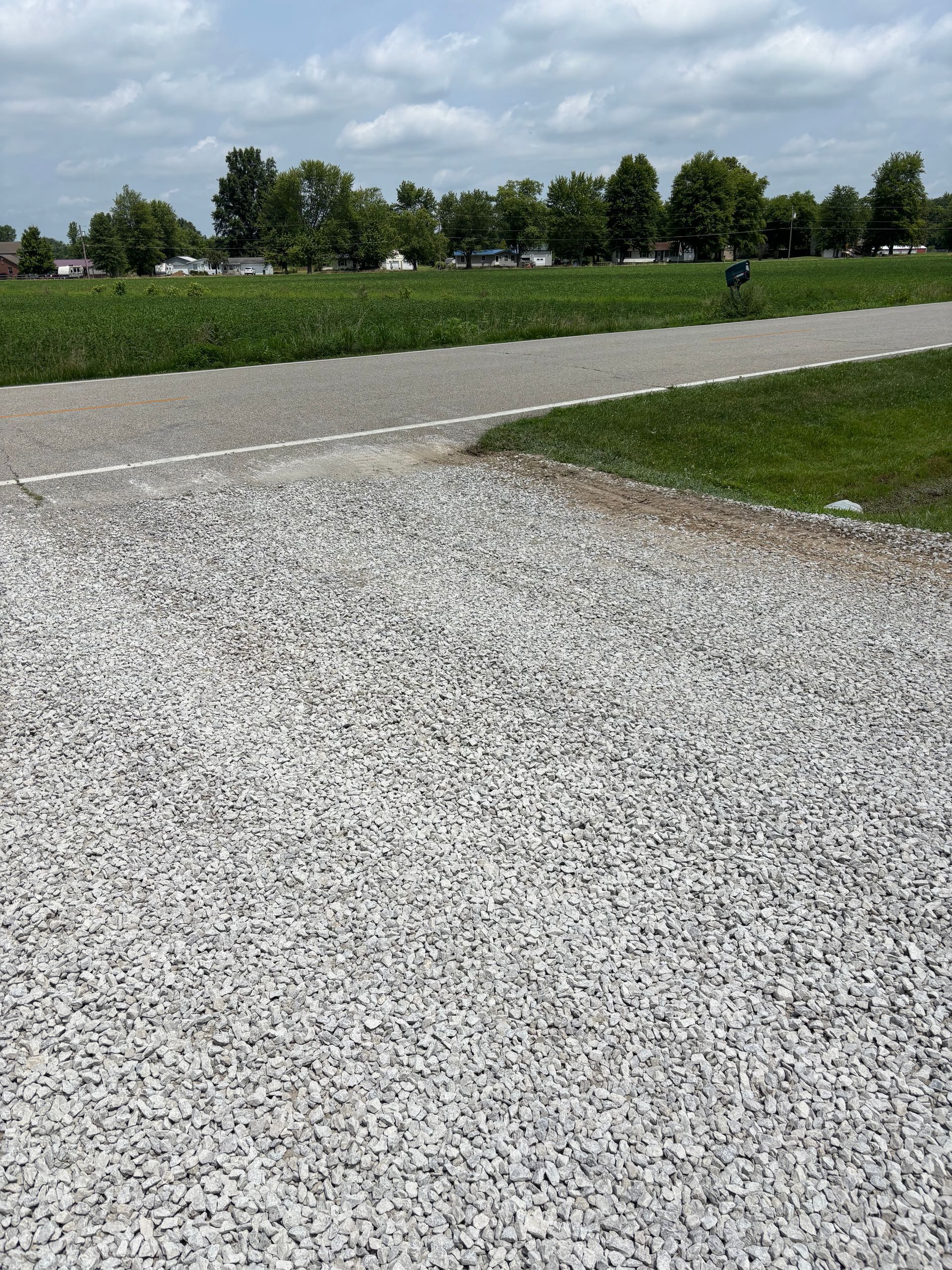 Gravel path beside a paved road in a grassy park under a cloudy sky.