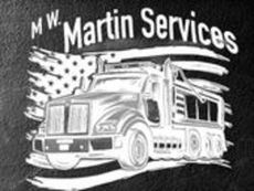 M.W. Martin Services logo with a white dump truck illustration on a black background