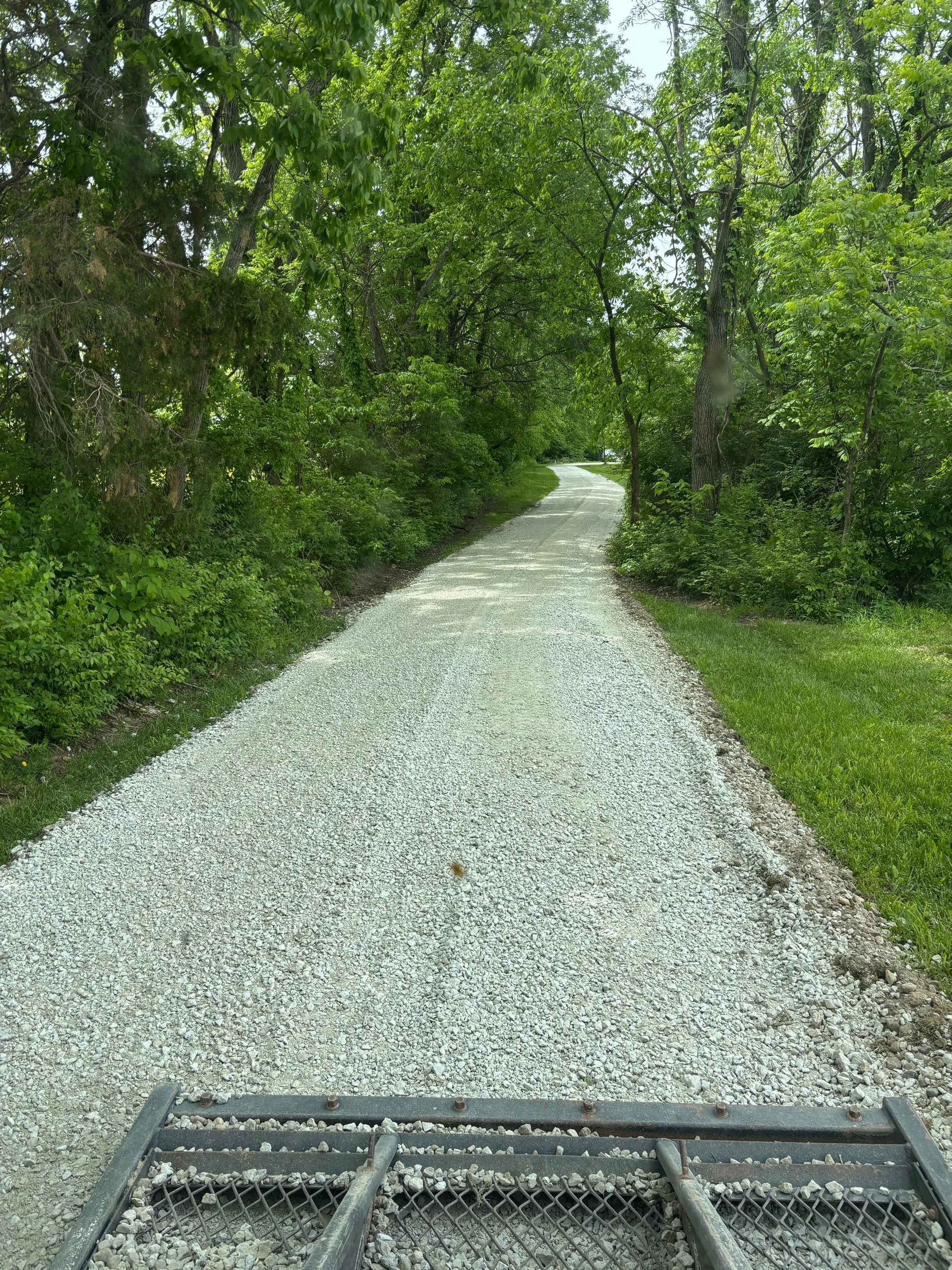 Gravel path through dense green trees, viewed over the front of a vehicle