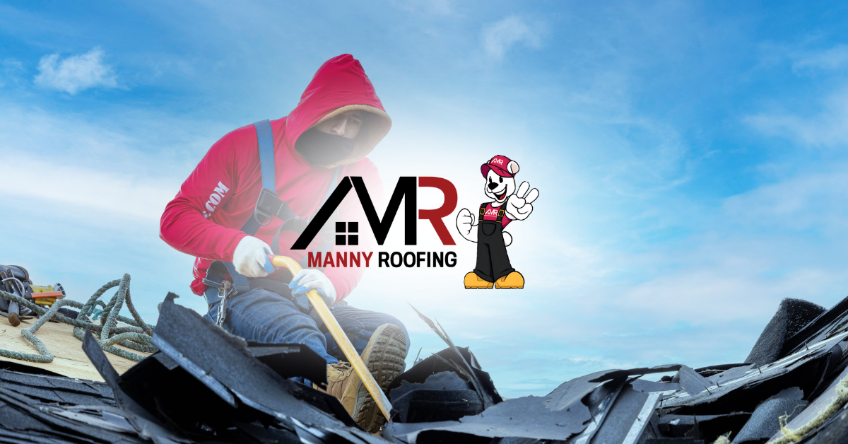Roofing worker on a metal roof with AMR Handy Roofing logo against a blue sky