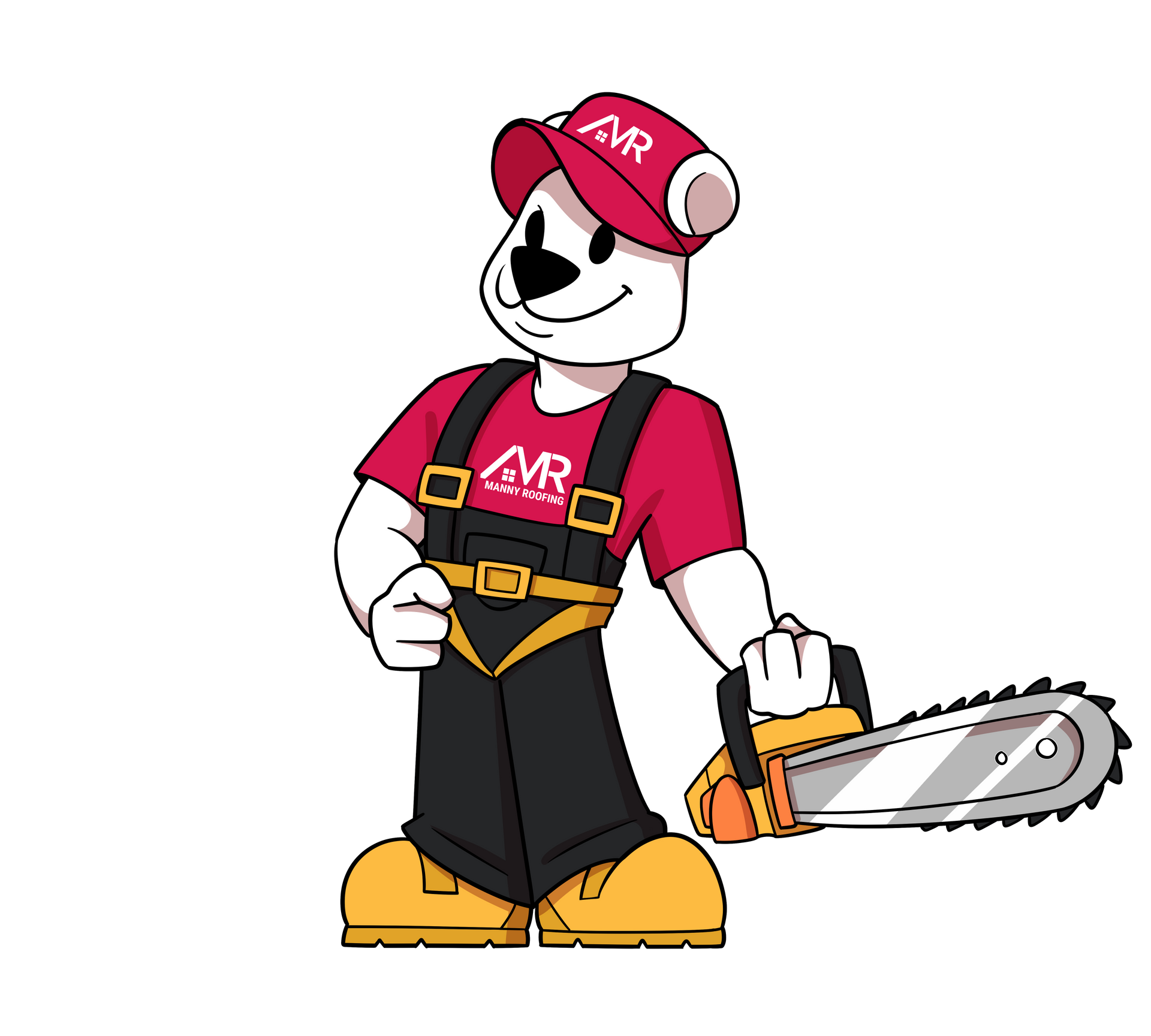 Manny Roofing mascot holding a chainsaw.
