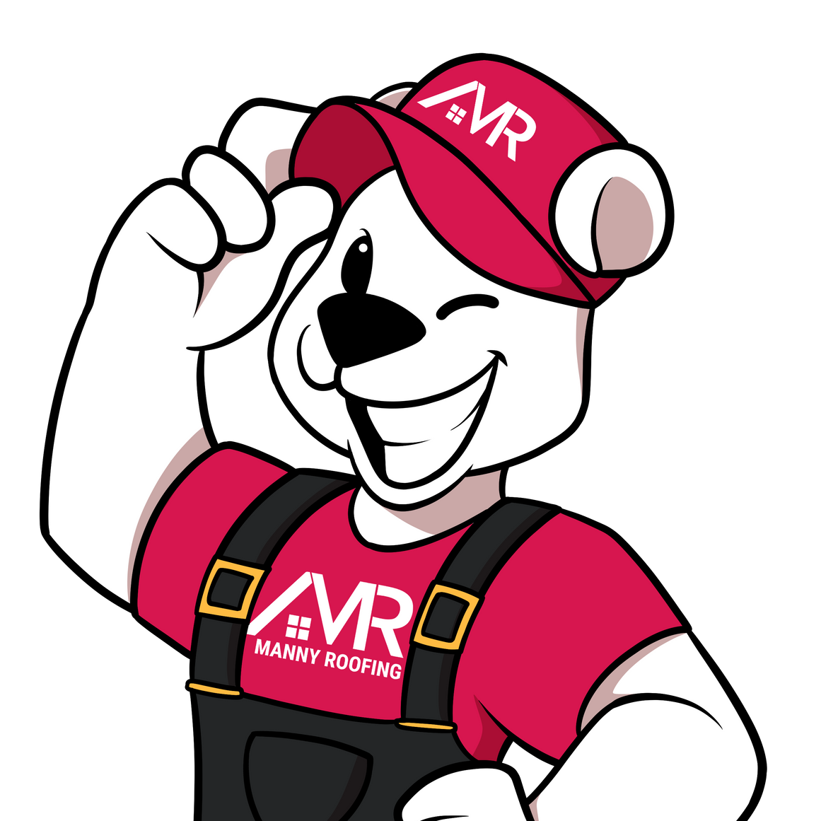 Illustration of Ariel the Polar bear, mascot for Manny Roofing, wearing a red hat and a red shirt.
