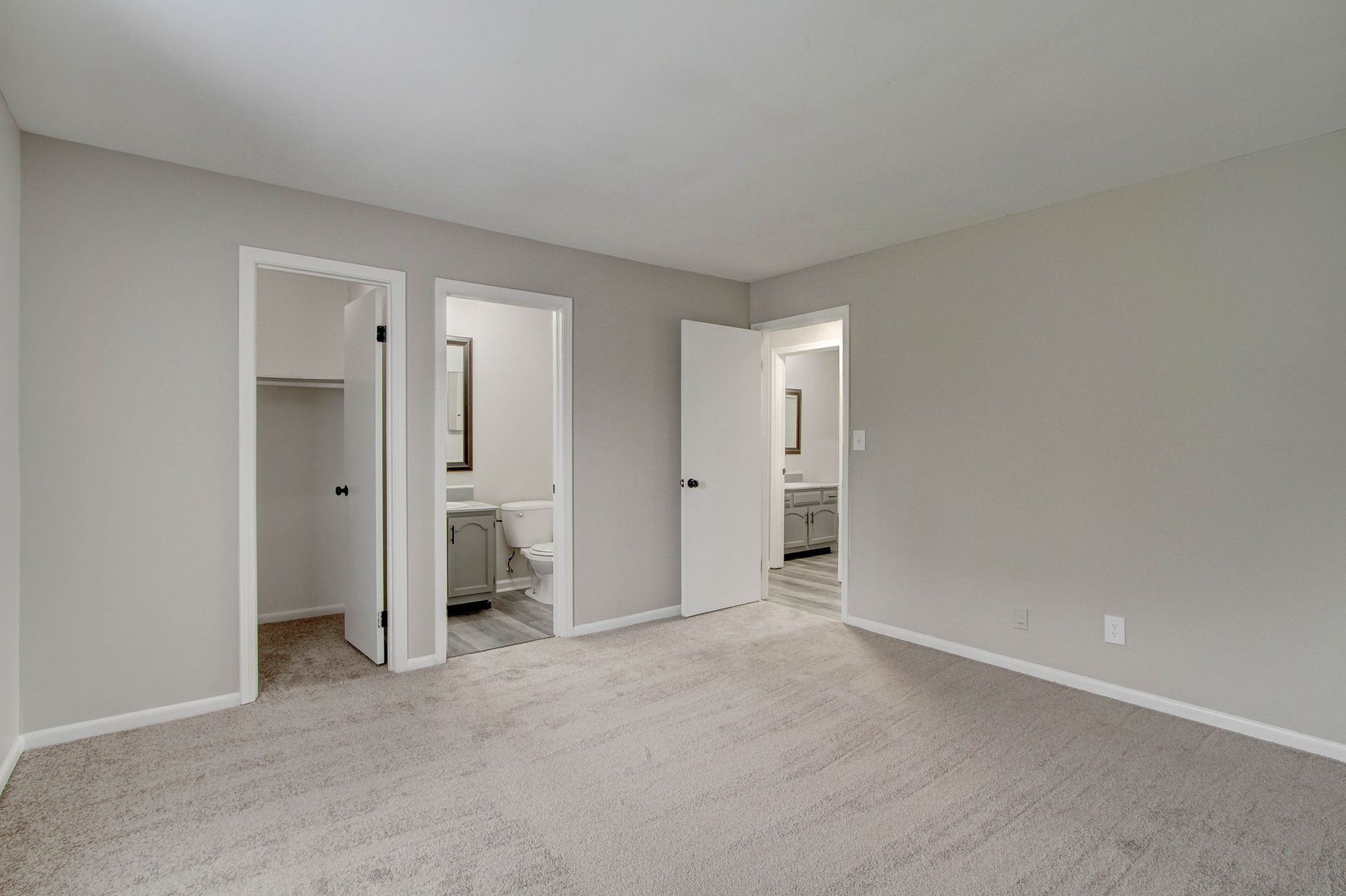 Bedroom with carpet, three white doors to closet and bathrooms, gray walls.