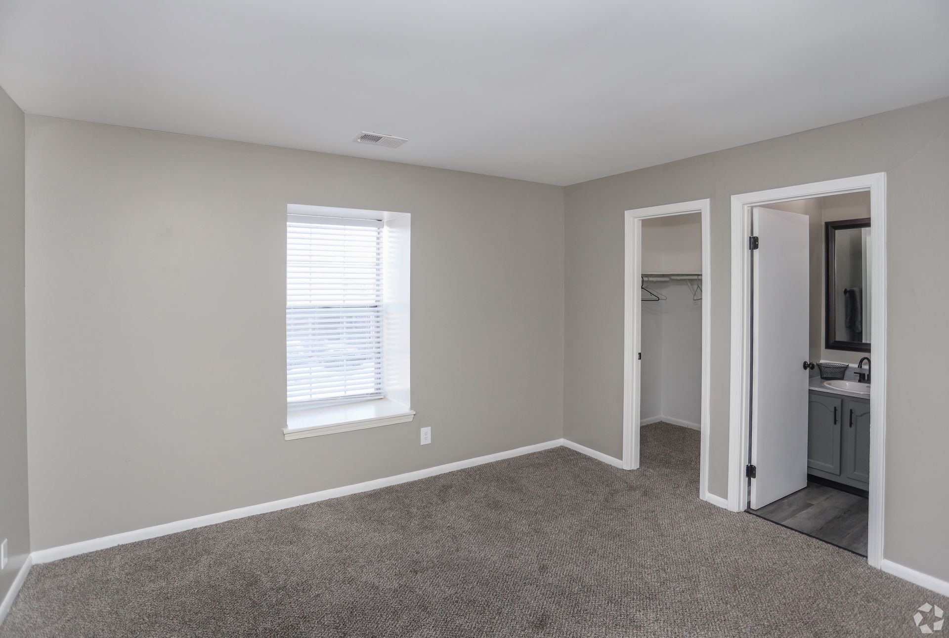 Empty bedroom with gray walls, carpet, and closet and bathroom doorways.