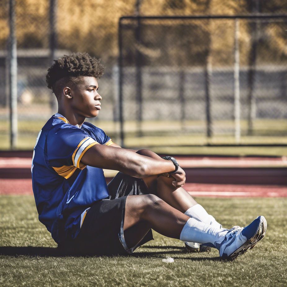A young man is sitting on the grass on a soccer field. A young man is sitting on the grass on a soccer field.
