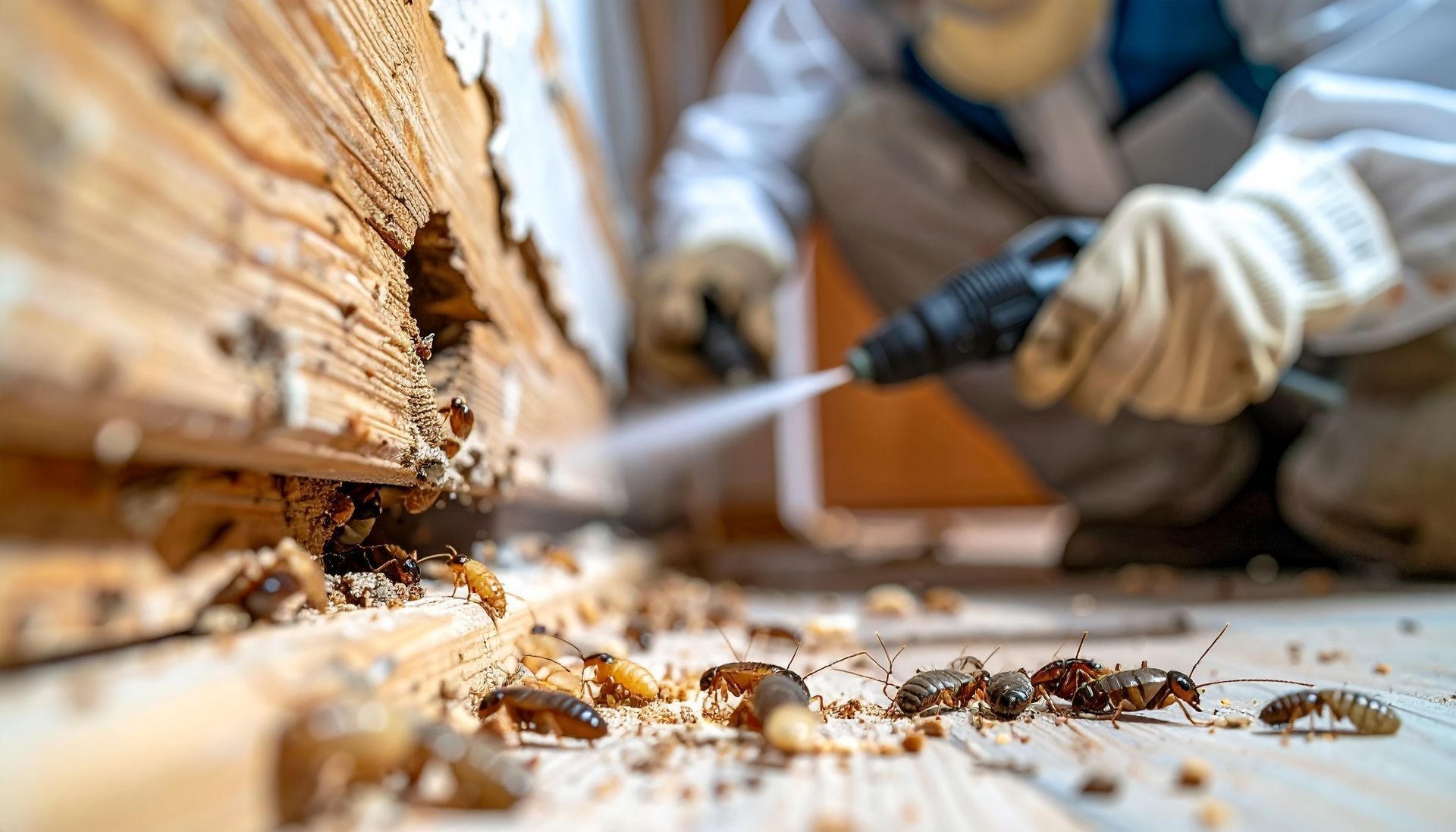 Closeup on termines being sprayed by a pest control worker with safety gear.