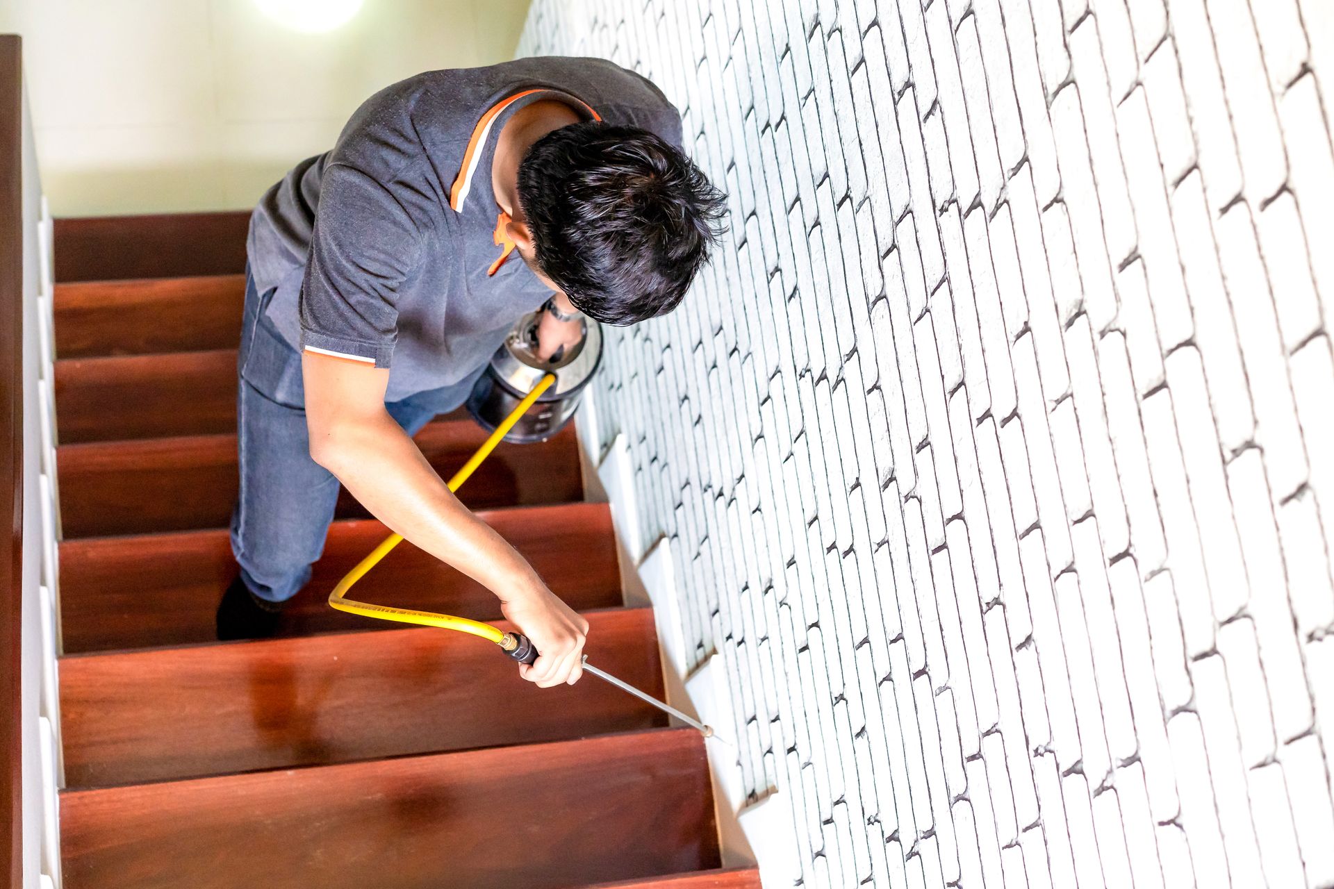 A worker is spraying a chemical liquid into a termite nest in the wood of a house.