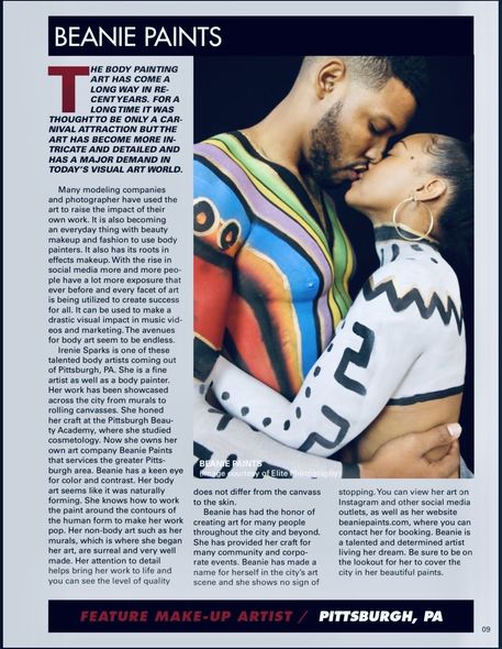 Magazine page titled “Beanie Paints” showing a colorful portrait of a couple embracing with article text.