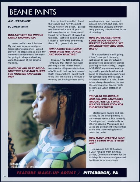 Magazine page titled “BEANIE PAINTS” with a profile photo of a woman painting in a studio.
