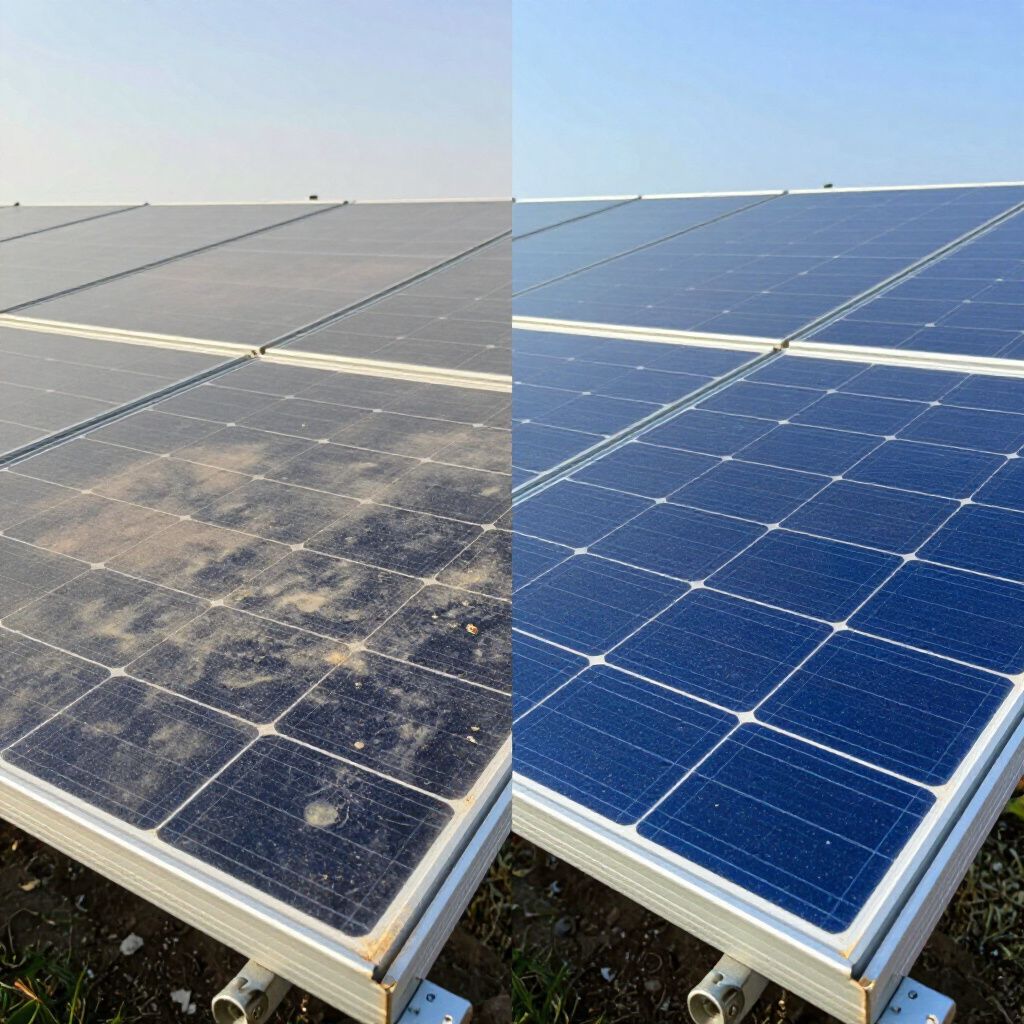 Solar panels, before and after cleaning. Dusty panels on the left, clean panels on the right, under a clear sky.