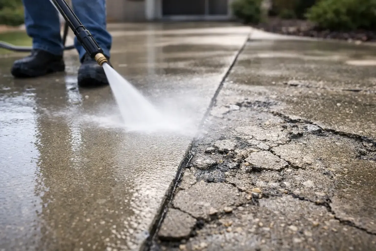 A person uses a pressure washer to clean a concrete driveway, revealing a stark contrast between clean and dirty surfaces.