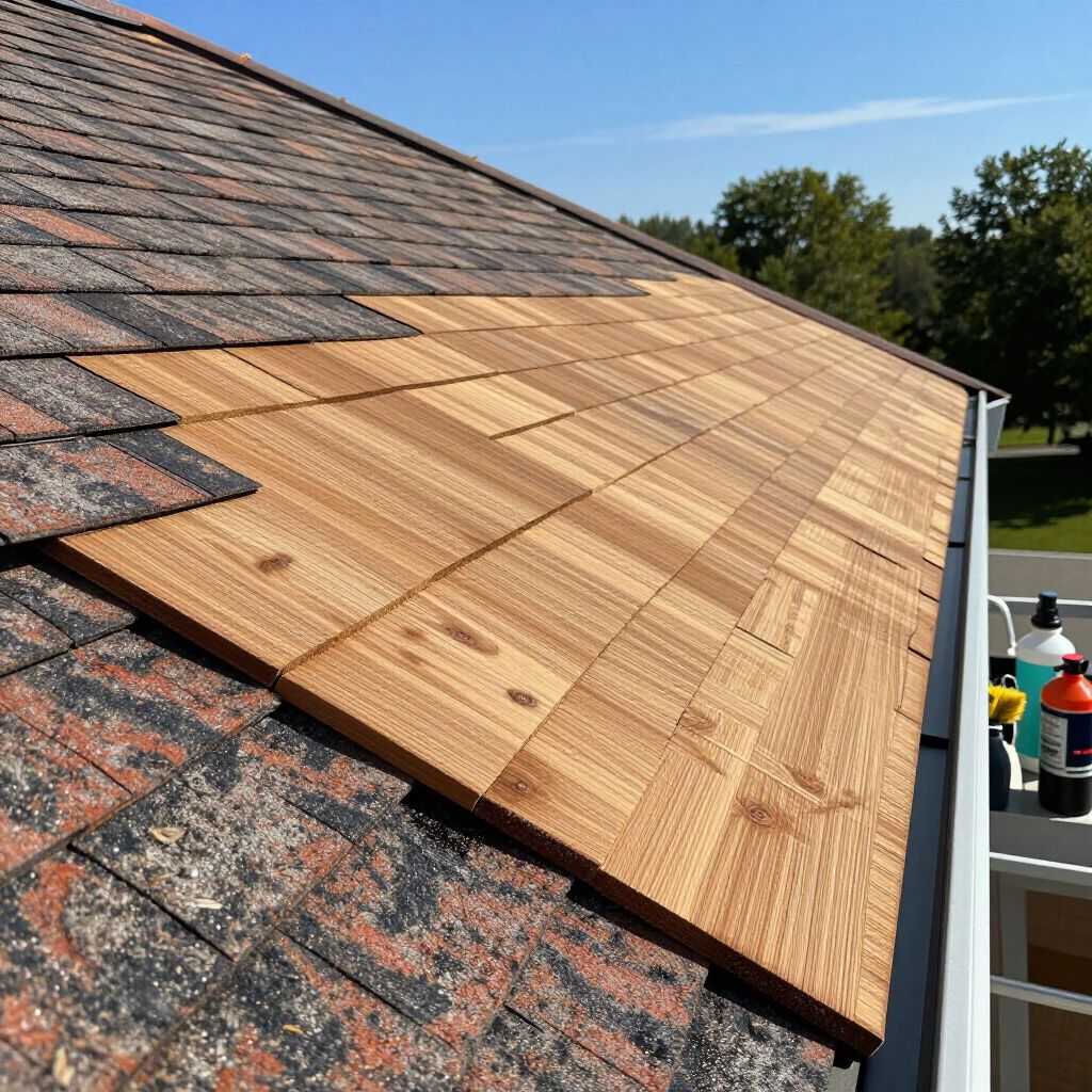 Partial cedar shake roof replacement in progress on a house. Bright sunlight, blue sky.