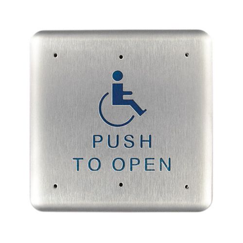 Brushed metal push plate with blue wheelchair icon and “PUSH TO OPEN” text