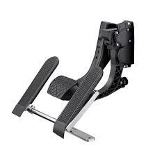 Black driving pedal set with adjustable footrest and mounting bracket on white background