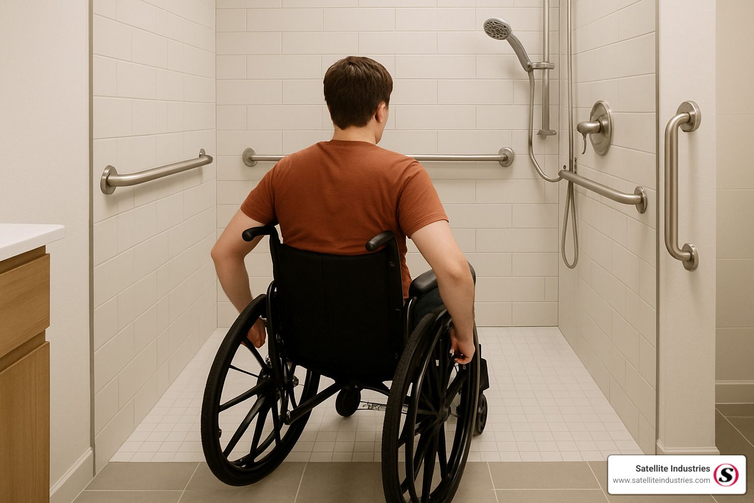 Person in a wheelchair in a tiled shower with grab bars and a handheld showerhead