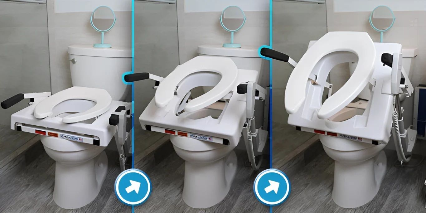 Three views of a white toilet with a built-in bidet in a bathroom.