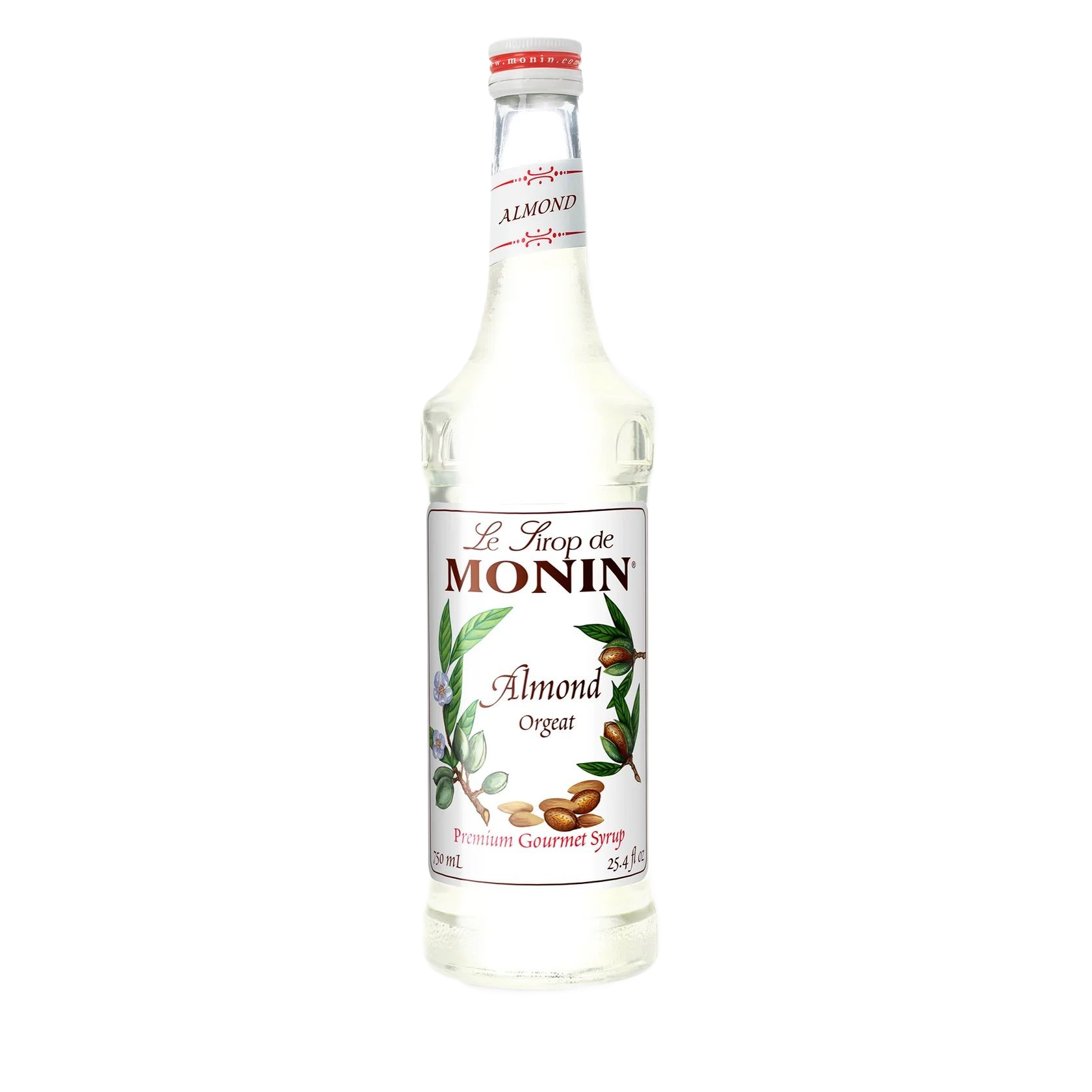 Bouteille de sirop d'amande Monin avec étiquette blanche et bouchon rouge sur fond blanc