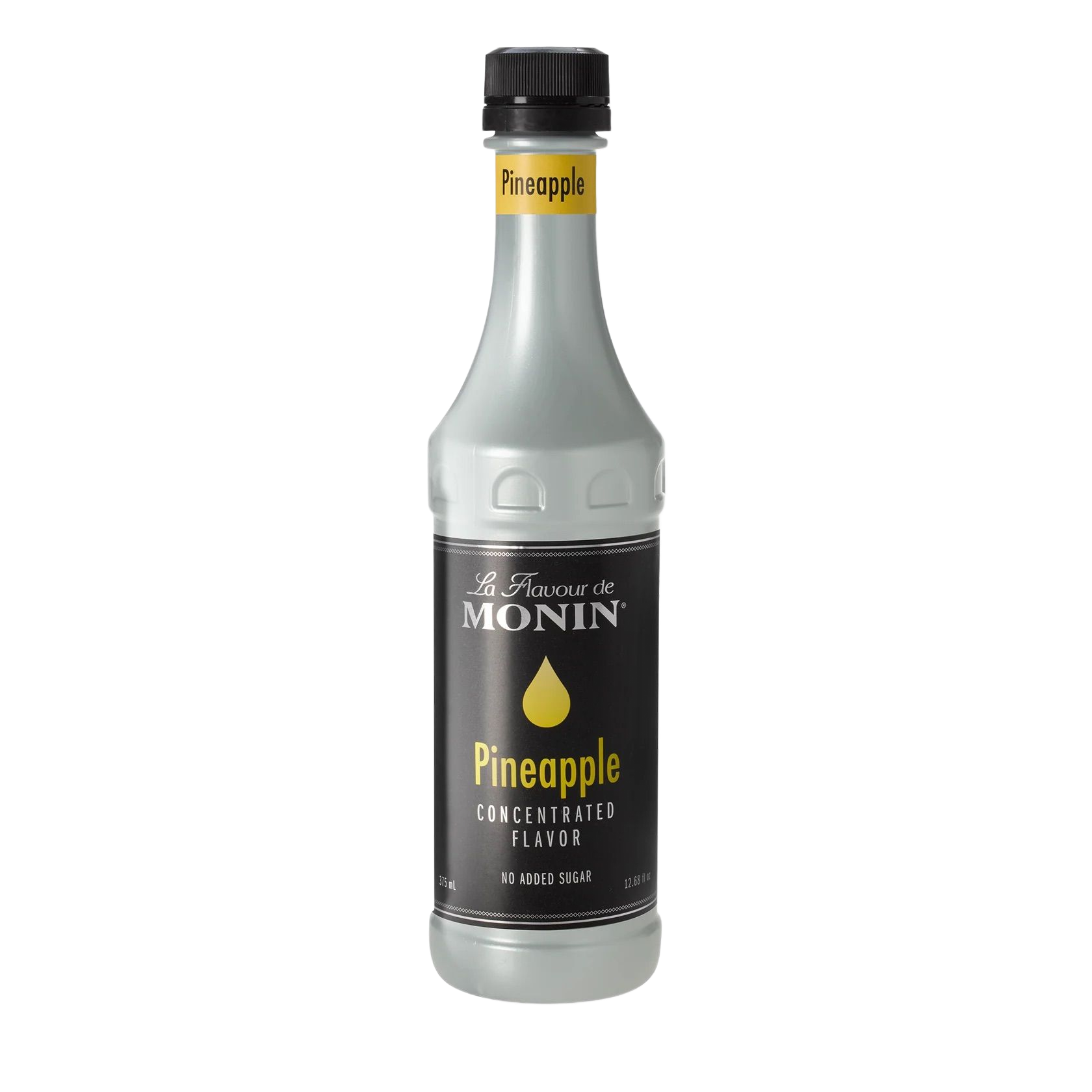 Bouteille de sirop d'ananas Monin avec étiquette noire et bouchon jaune sur fond blanc