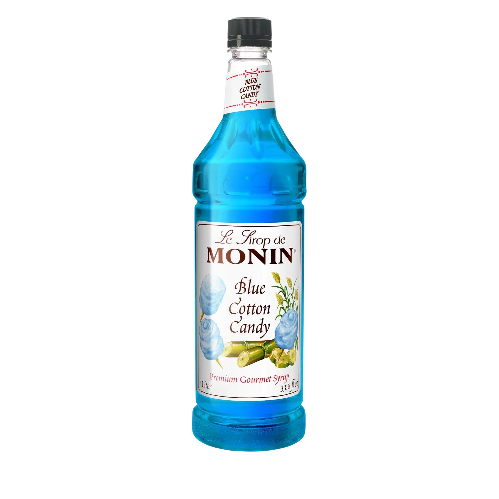 Bouteille de sirop Monin Blue Curaçao bleue avec bouchon noir et étiquette blanche sur fond blanc