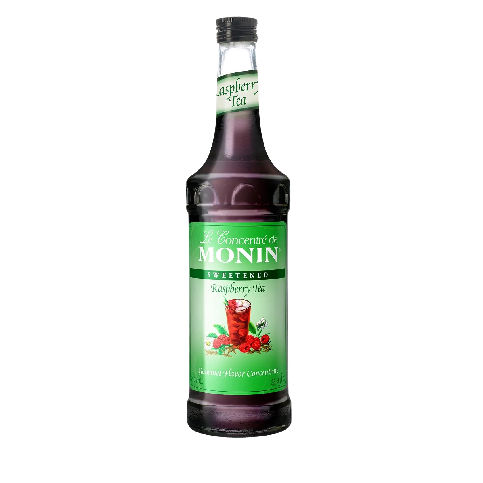 Bouteille de sirop de grenadine Monin avec étiquette verte et illustration de grenade rouge