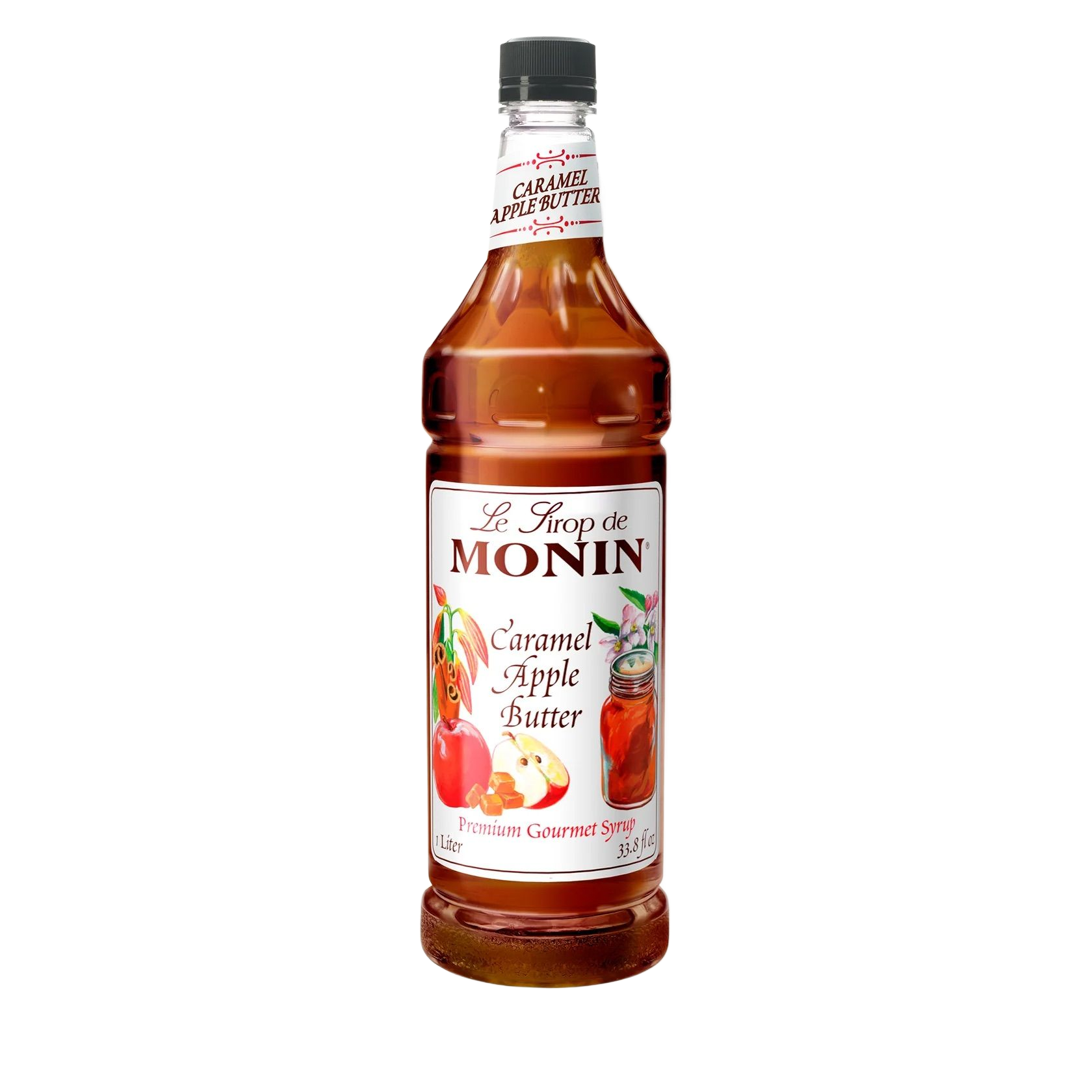 Bouteille de sirop de compote de pommes au caramel Monin, contenant un liquide ambré et une étiquette représentant un fruit, sur fond blanc.