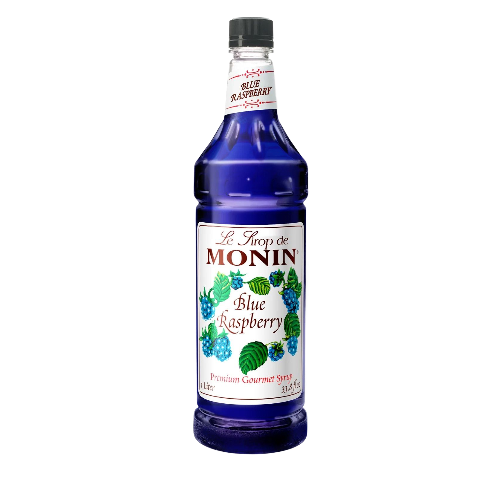 Bouteille de sirop Monin à la myrtille, contenant un liquide bleu foncé et une étiquette florale sur fond blanc.