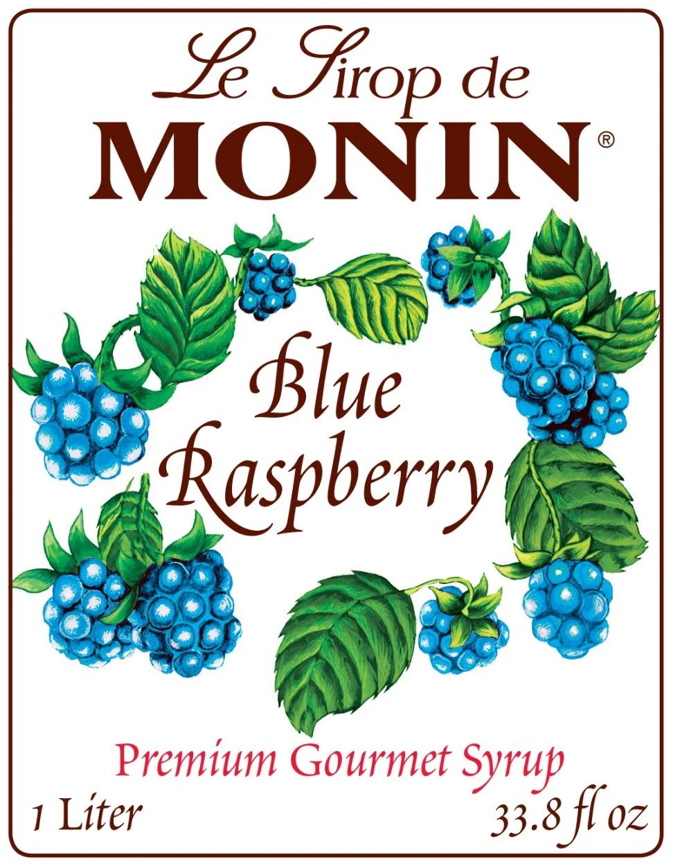 Bouteille de sirop Monin à la myrtille, contenant un liquide bleu foncé et une étiquette florale sur fond blanc.