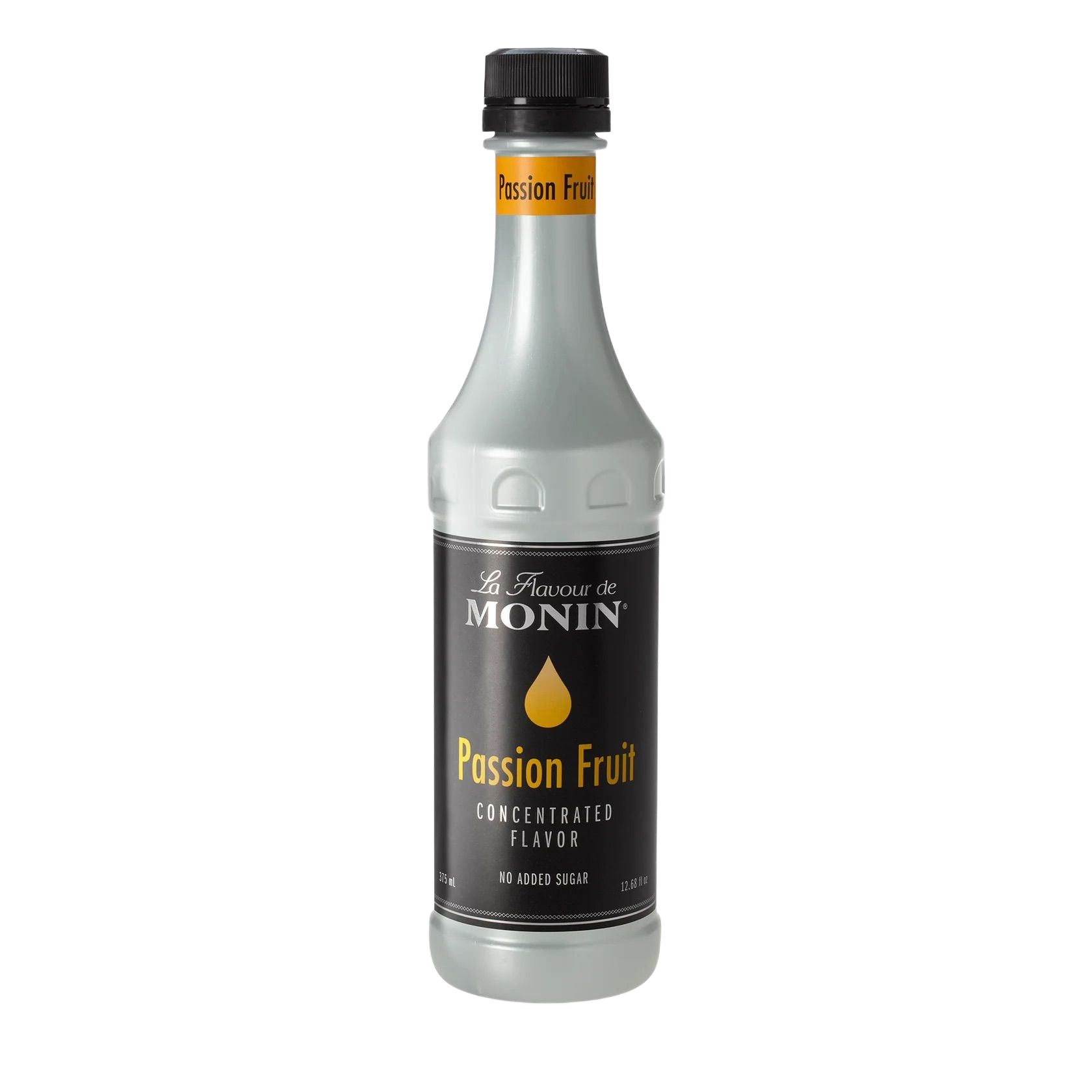 Bouteille de sirop de fruit de la passion Monin avec bouchon noir sur fond blanc