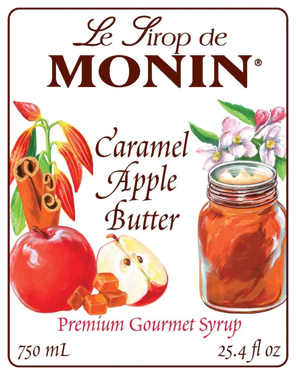 Bouteille de sirop de compote de pommes au caramel Monin, contenant un liquide ambré et une étiquette représentant un fruit, sur fond blanc.