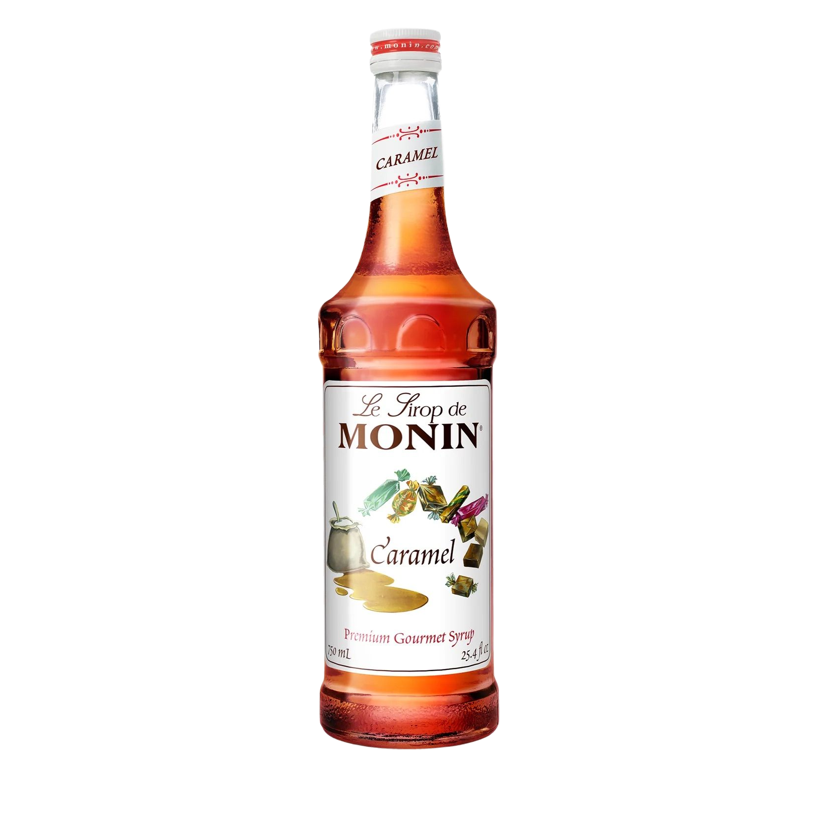Bouteille de sirop de caramel Monin avec un liquide ambré et une étiquette blanche sur fond uni