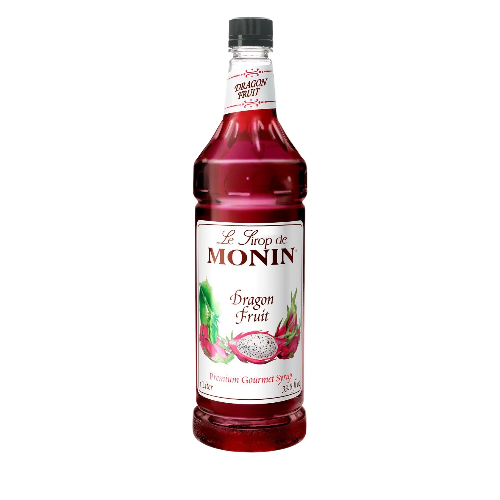 Bouteille de sirop de fruit du dragon Monin avec étiquette blanche et liquide rouge à l'intérieur