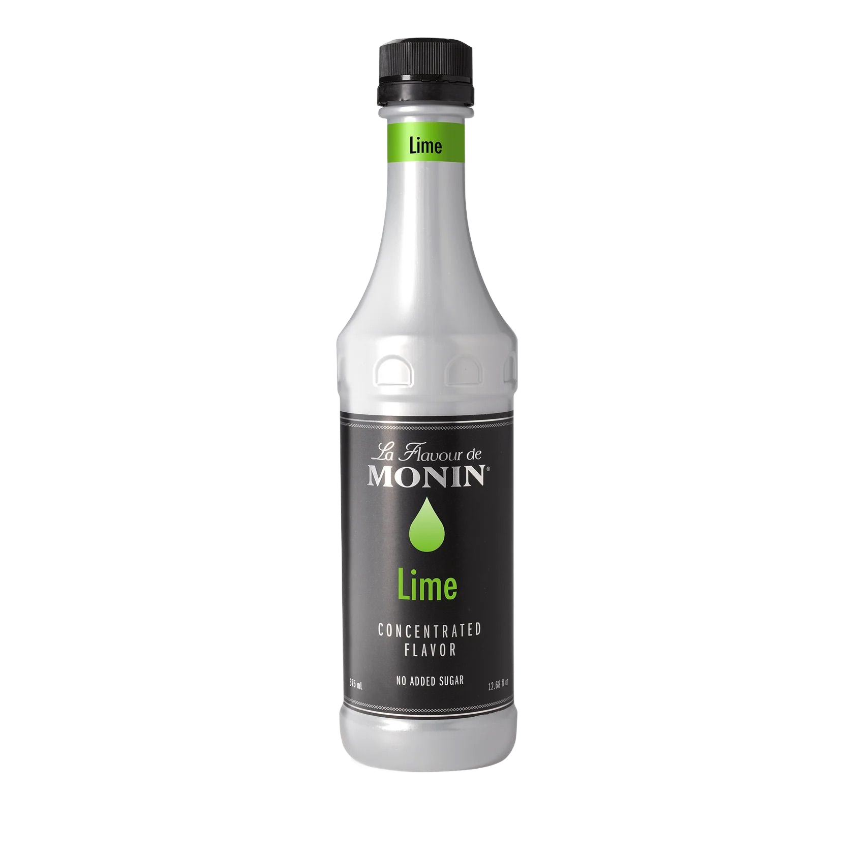 Bouteille de sirop de citron vert Monin avec bouchon noir sur fond blanc