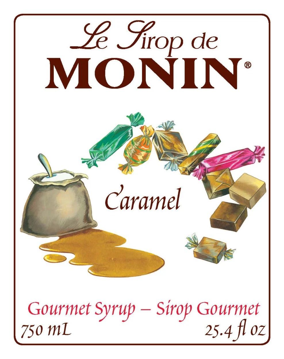 Bouteille de sirop de caramel Monin avec un liquide ambré et une étiquette blanche sur fond uni