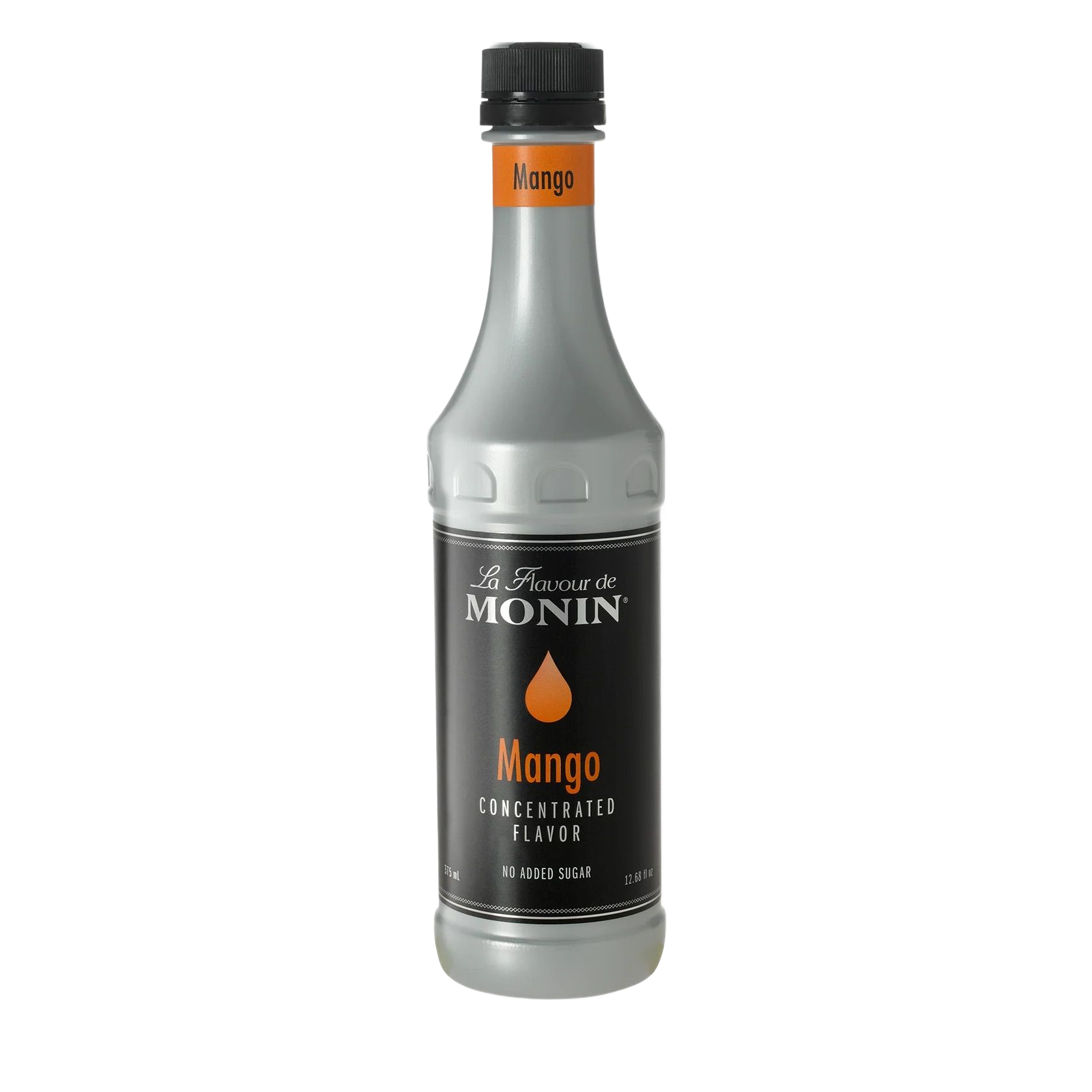 Bouteille de sirop de mangue Monin avec bouchon noir et étiquette orange sur fond blanc