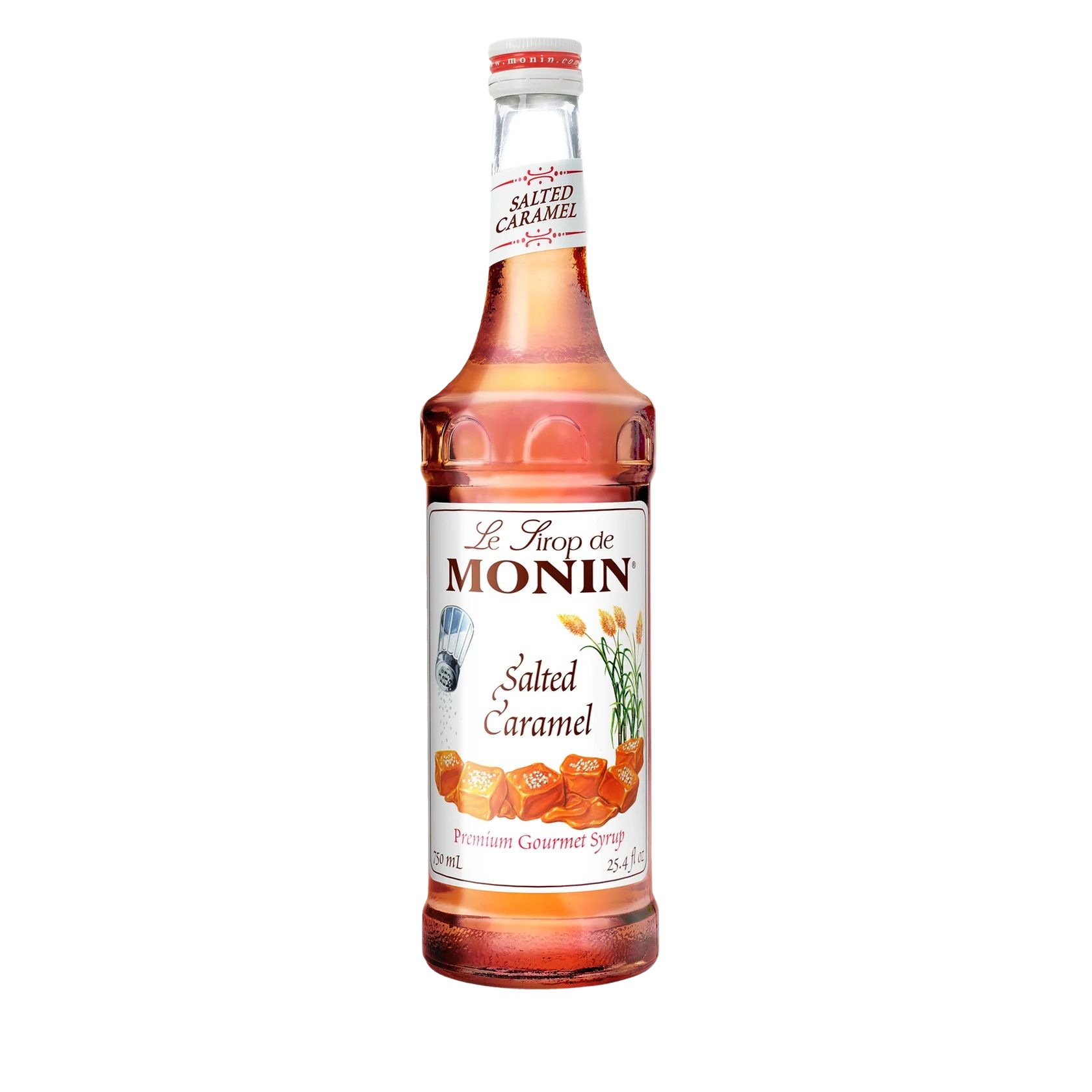Bouteille de sirop de caramel salé Monin, liquide ambré et étiquette blanche sur fond blanc.