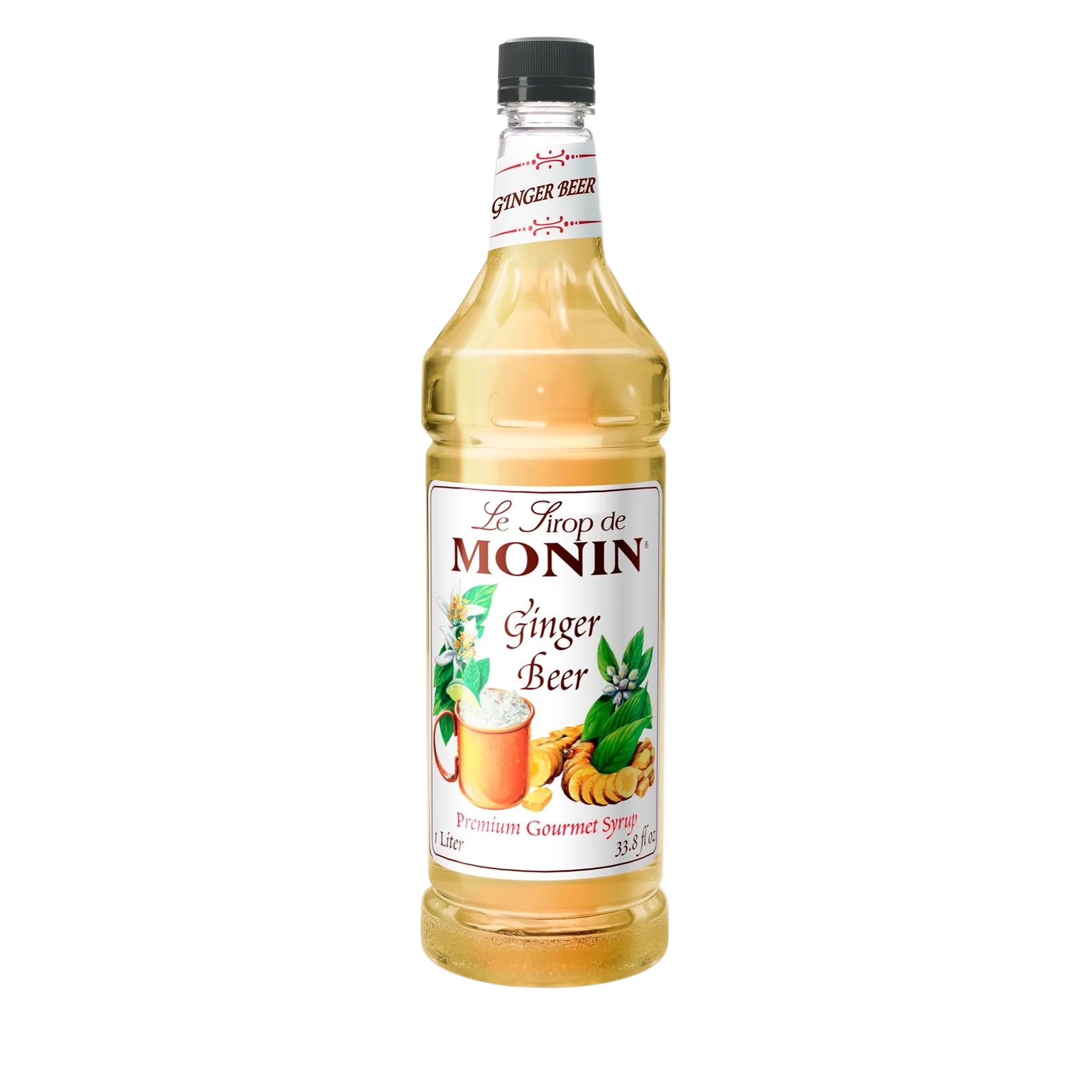 Bouteille de sirop de gingembre Monin avec un bouchon noir et une illustration de gingembre sur fond blanc