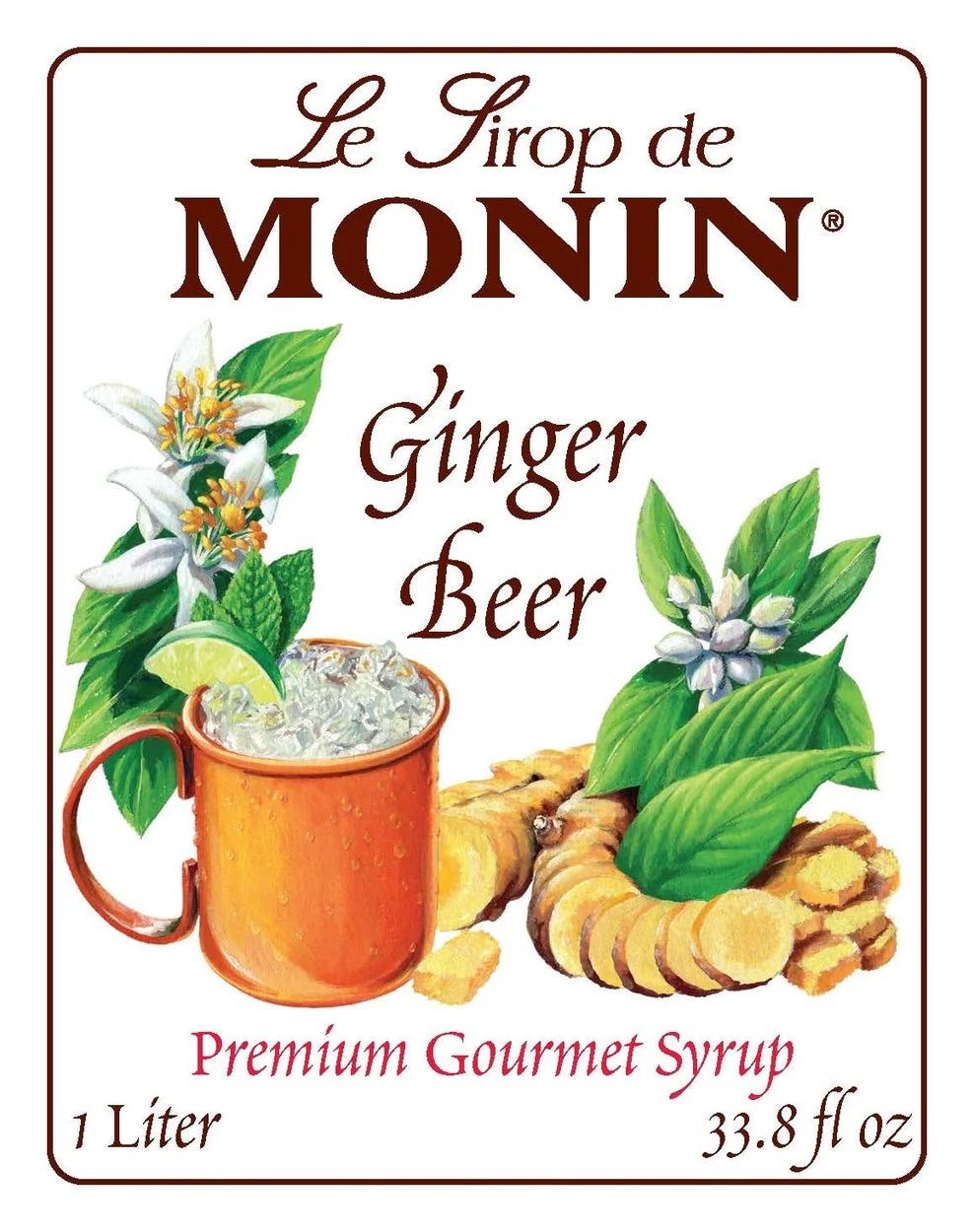 Bouteille de sirop de gingembre Monin avec un bouchon noir et une illustration de gingembre sur fond blanc