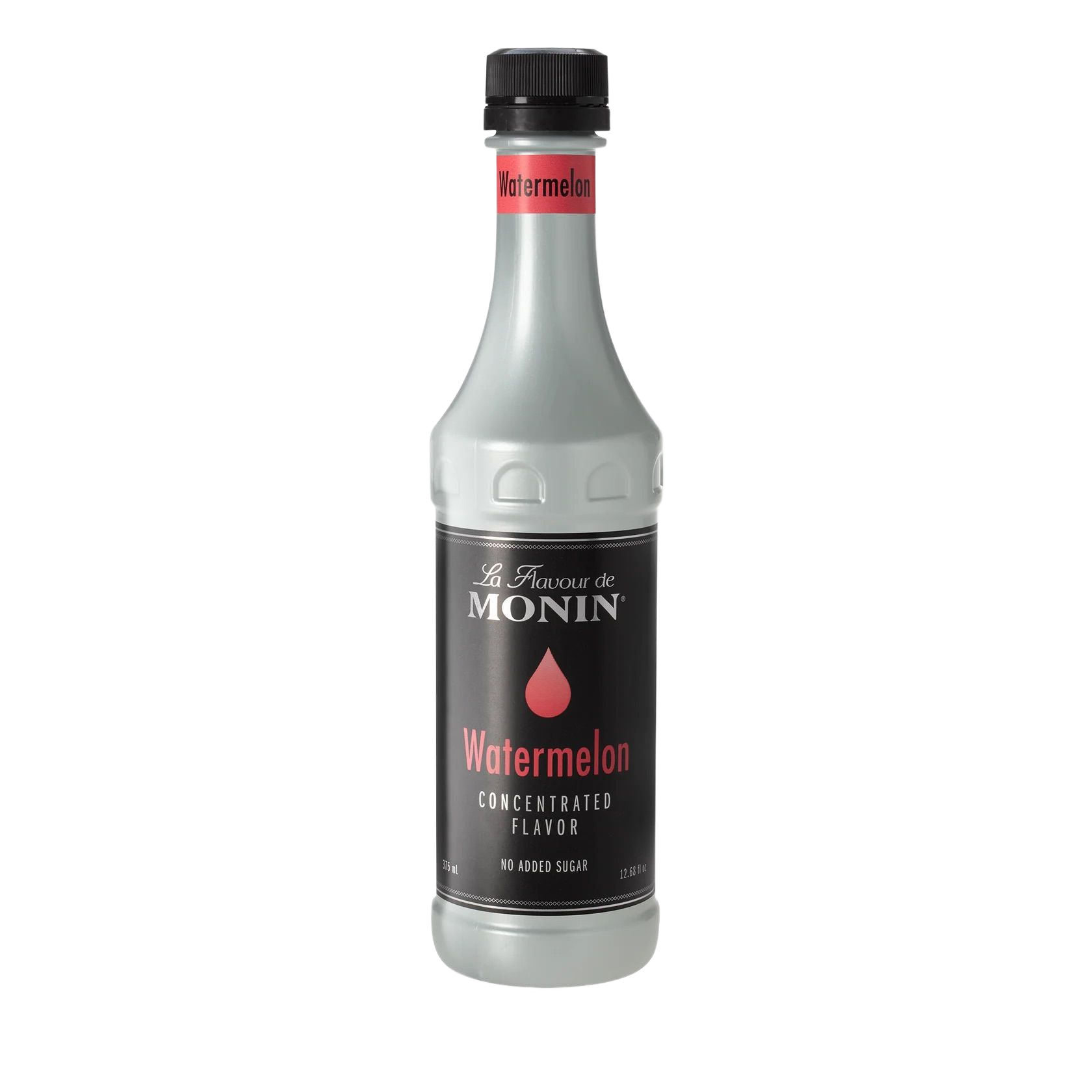 Bouteille de sirop aromatisé à la pastèque Monin avec bouchon noir et étiquette grise sur fond blanc