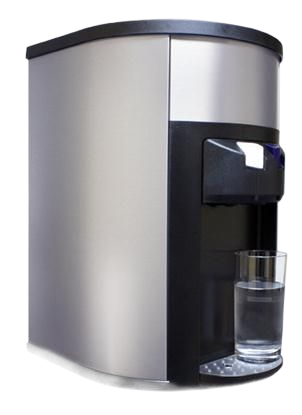 Fontaine à eau compacte argentée avec couvercle noir, distribuant l'eau dans un verre