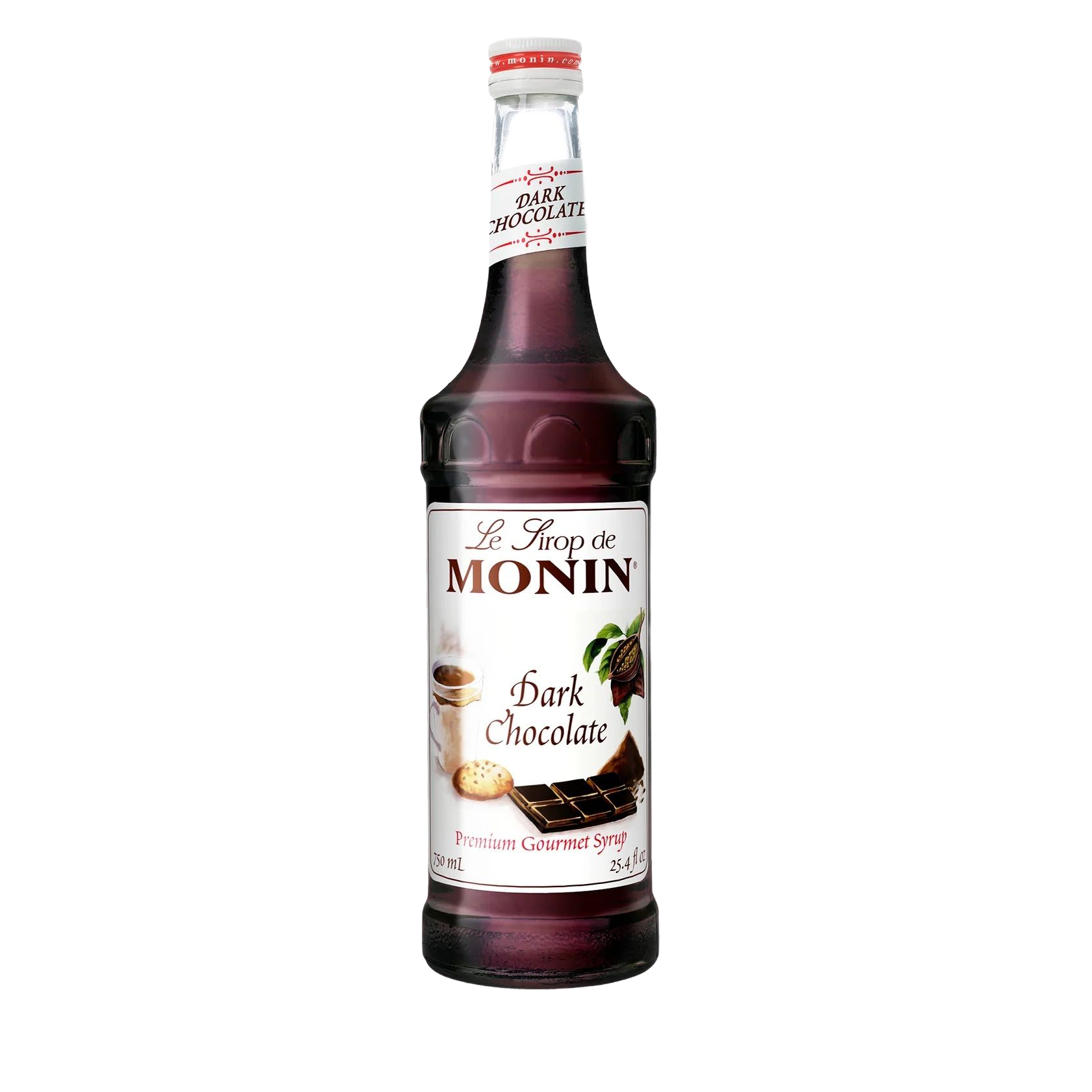 Bouteille de sirop de chocolat noir Monin avec étiquette blanche et liquide rouge foncé à l'intérieur