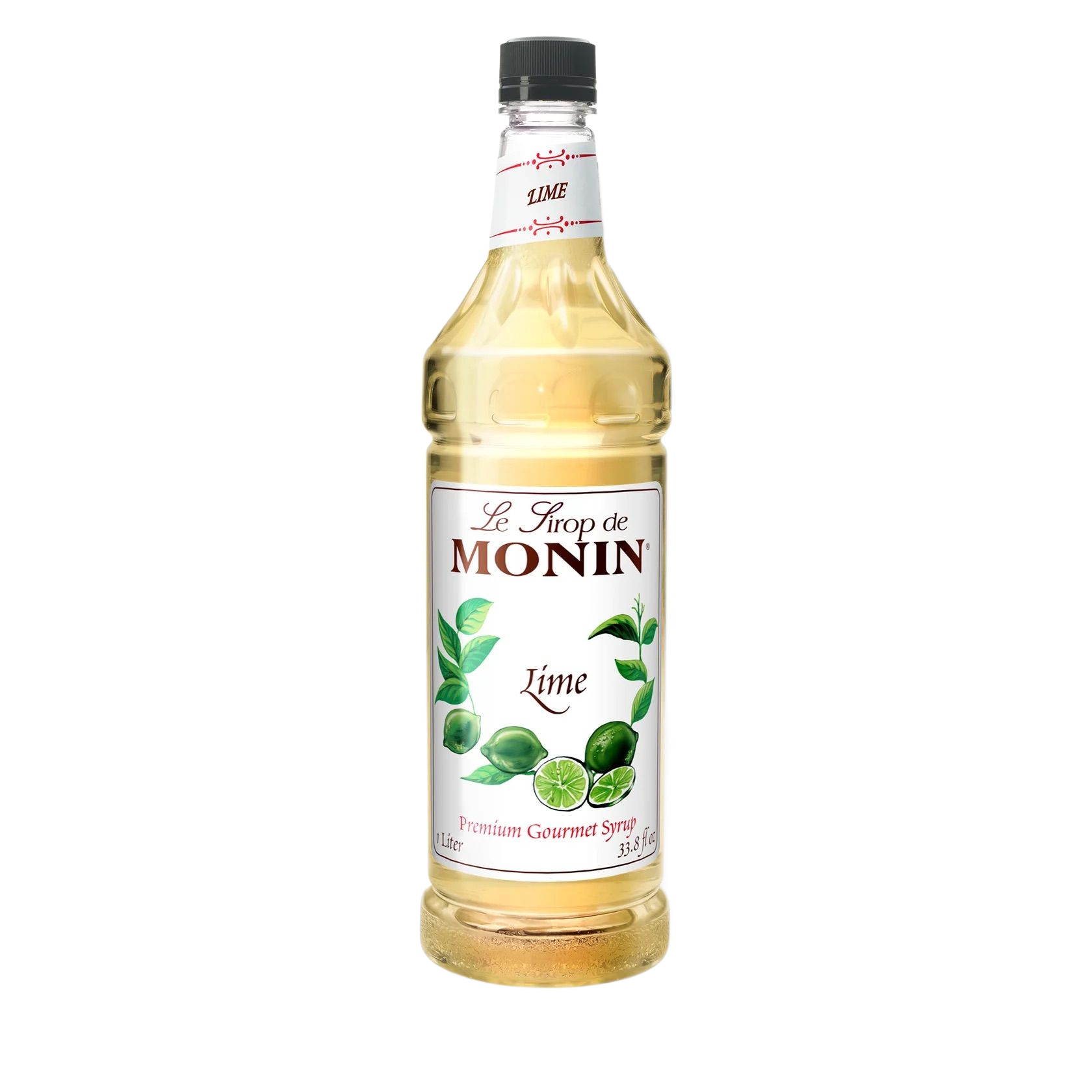 Bouteille de sirop de citron vert MONIN avec illustrations de citron vert sur fond blanc
