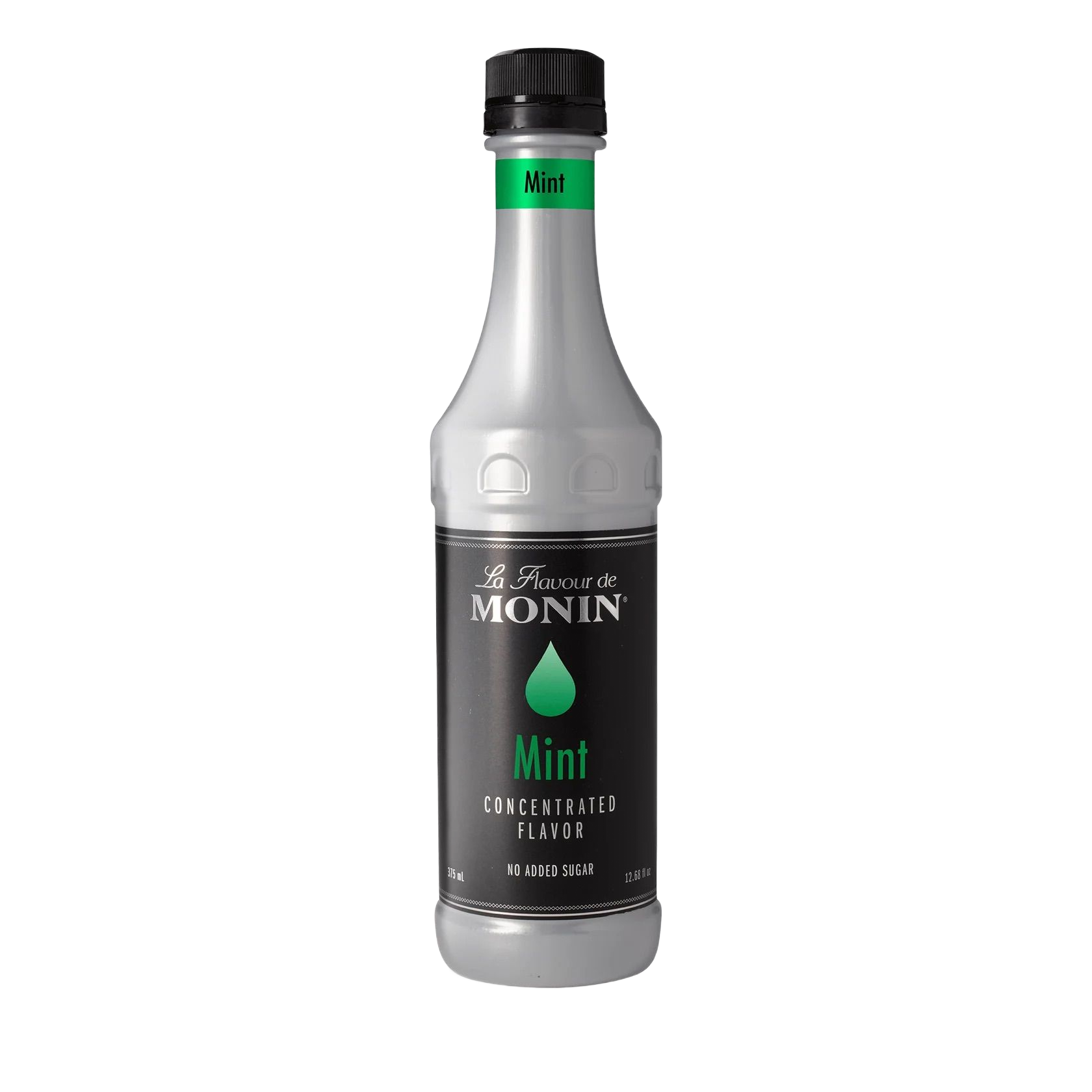 Bouteille de sirop de menthe Monin avec une étiquette noire et une touche de vert sur fond blanc