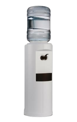 Fontaine à eau blanche avec une bouteille bleue sur le dessus et un distributeur noir